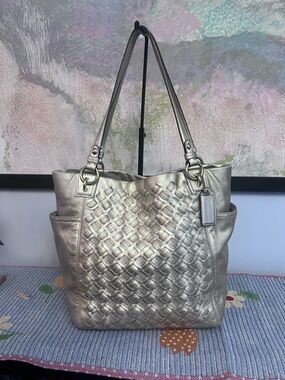COACH North South Woven Metallic Gold Leather Shoulder Bag